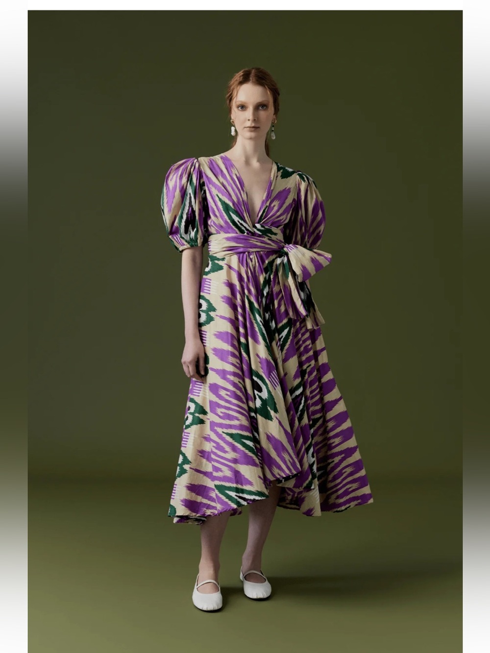 Guadalupe Design Monica Ikat Dress Violet Purple Puff Sleeve Wrap Midi M